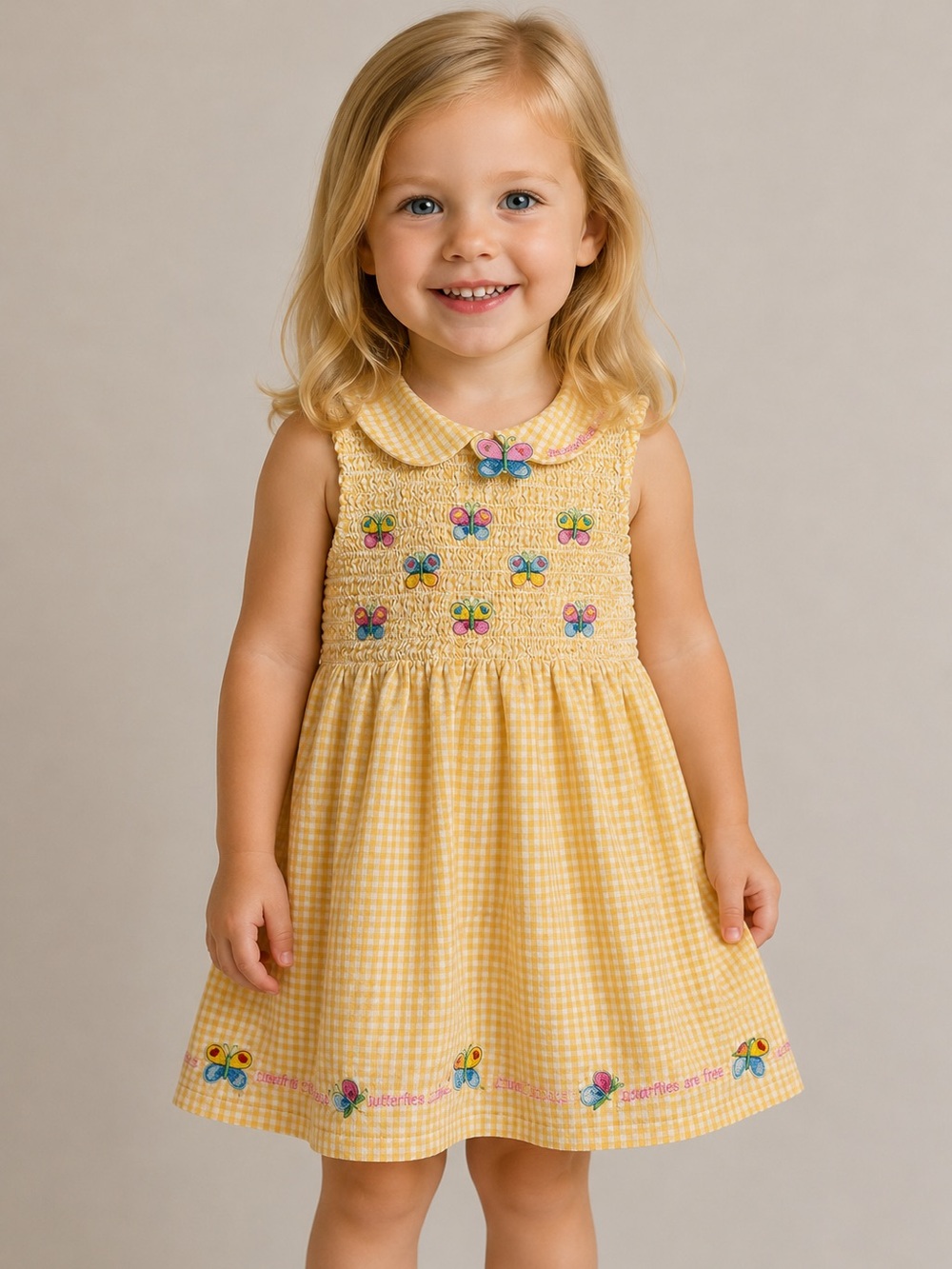Jenni Yellow Gingham Butterfly Smocked Dress
